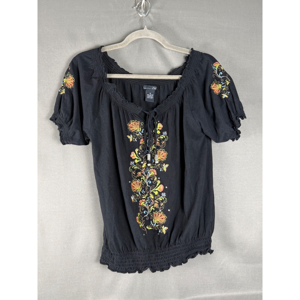 rxl Embroidered Floral Top Womens Medium Black Boho Smocked Cotton Blouse
